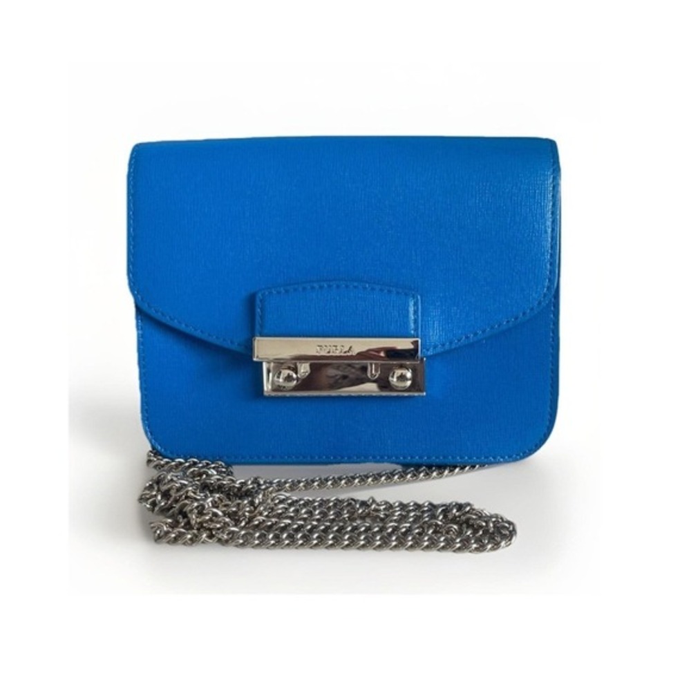 Furla Saffiano Leather Mini Crossbody Bag Metal Chain Blue Silver Hardware Italy